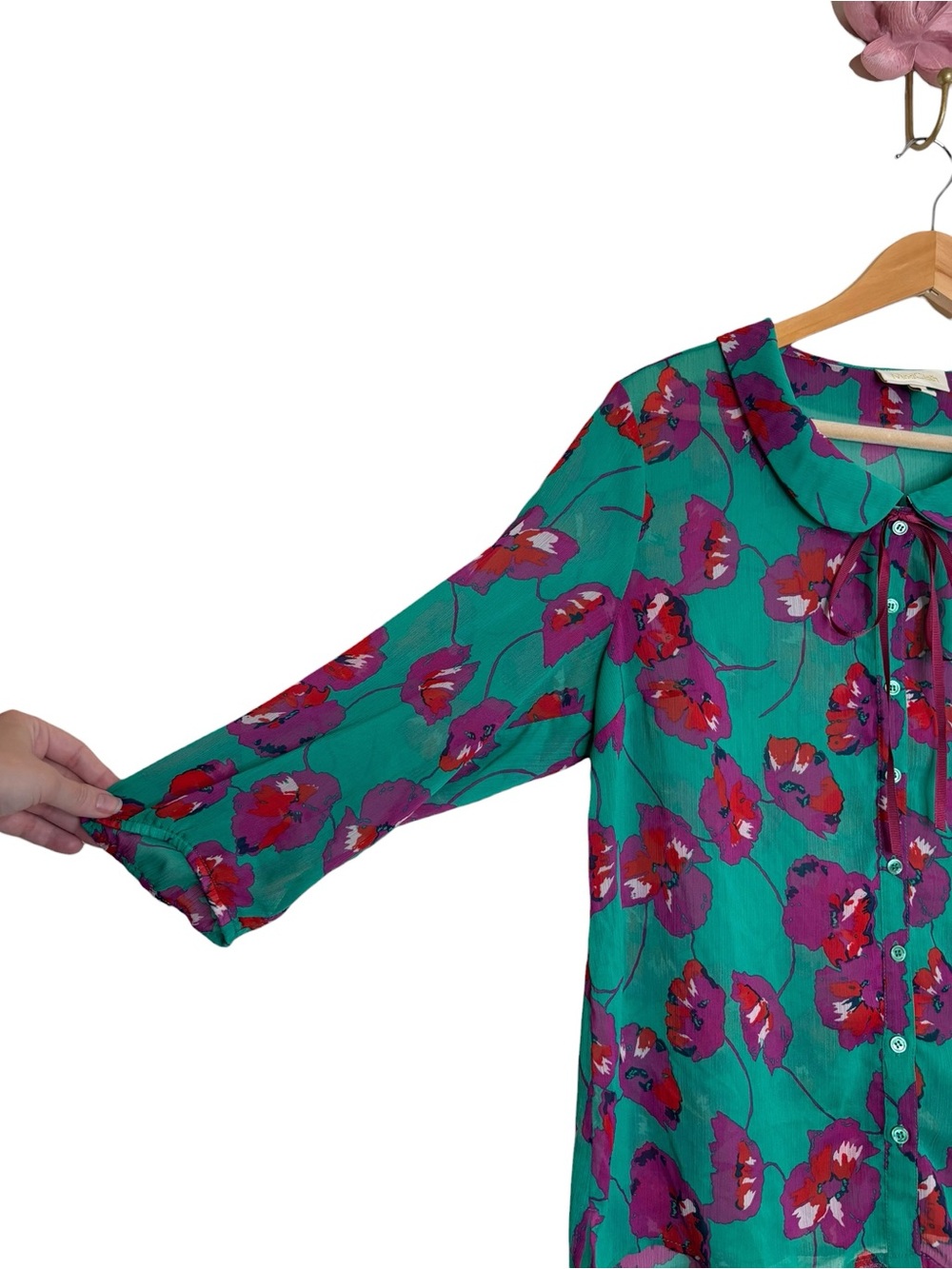 Modcloth button down teal floral tie neck semi sheer blouse size large - Picture 3 of 7